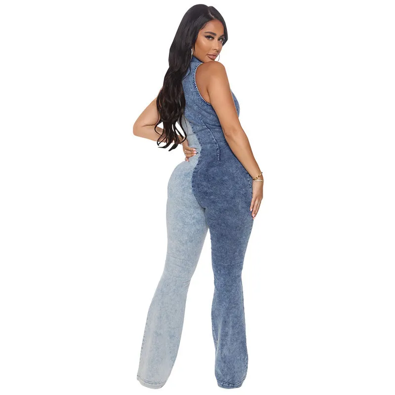 10713-MX28 Color Blocked denim one piece plus size jumpsuits playsuits ladies sehe fashion