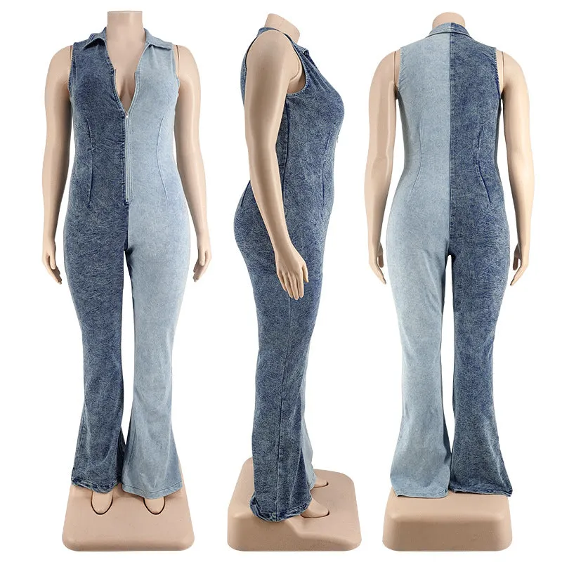 10713-MX28 Color Blocked denim one piece plus size jumpsuits playsuits ladies sehe fashion