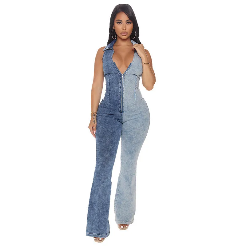 10713-MX28 Color Blocked denim one piece plus size jumpsuits playsuits ladies sehe fashion