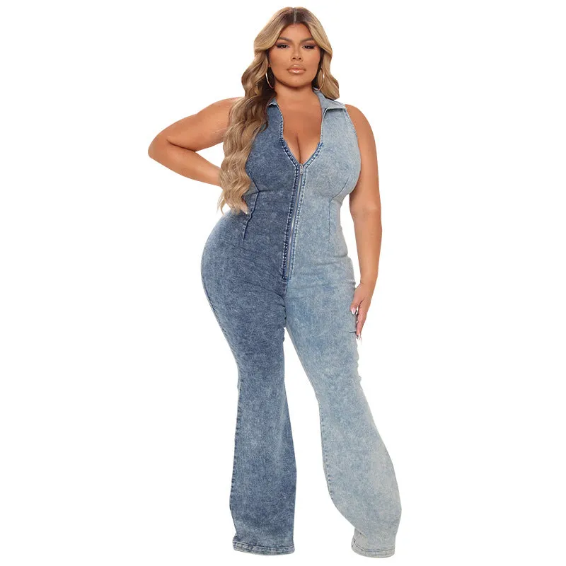 10713-MX28 Color Blocked denim one piece plus size jumpsuits playsuits ladies sehe fashion