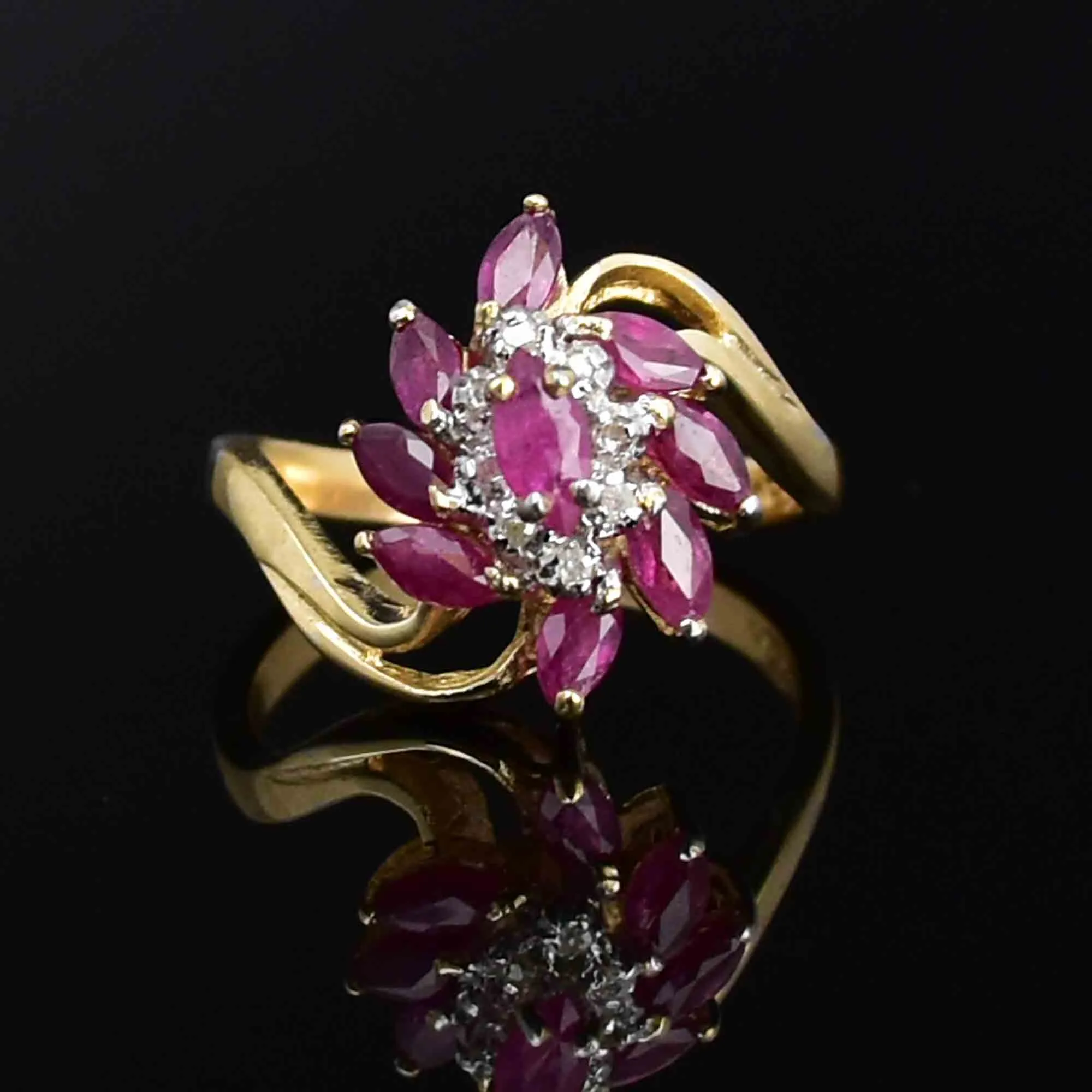 10K Gold Marquise Cut Ruby Diamond Pinwheel Statement Ring