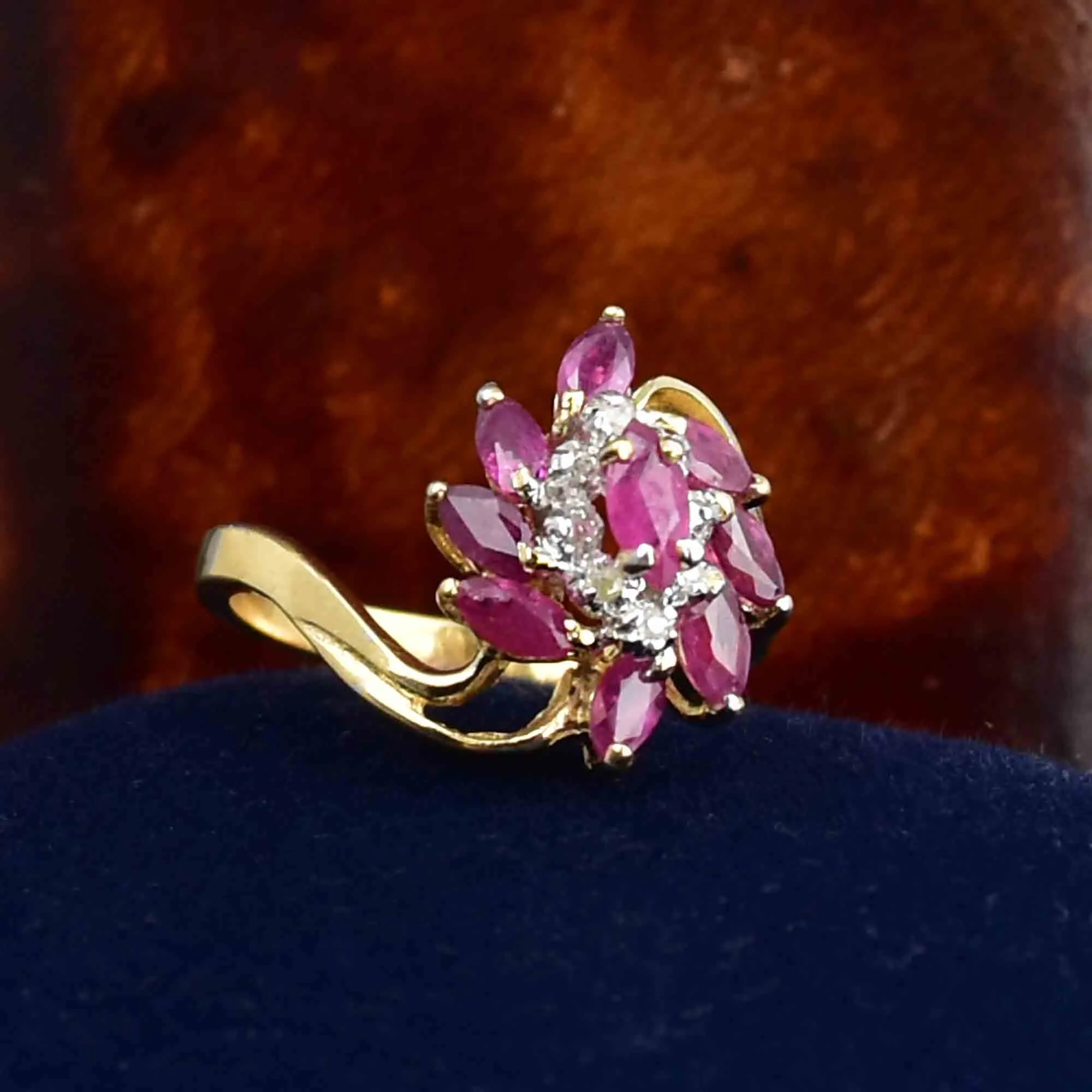 10K Gold Marquise Cut Ruby Diamond Pinwheel Statement Ring