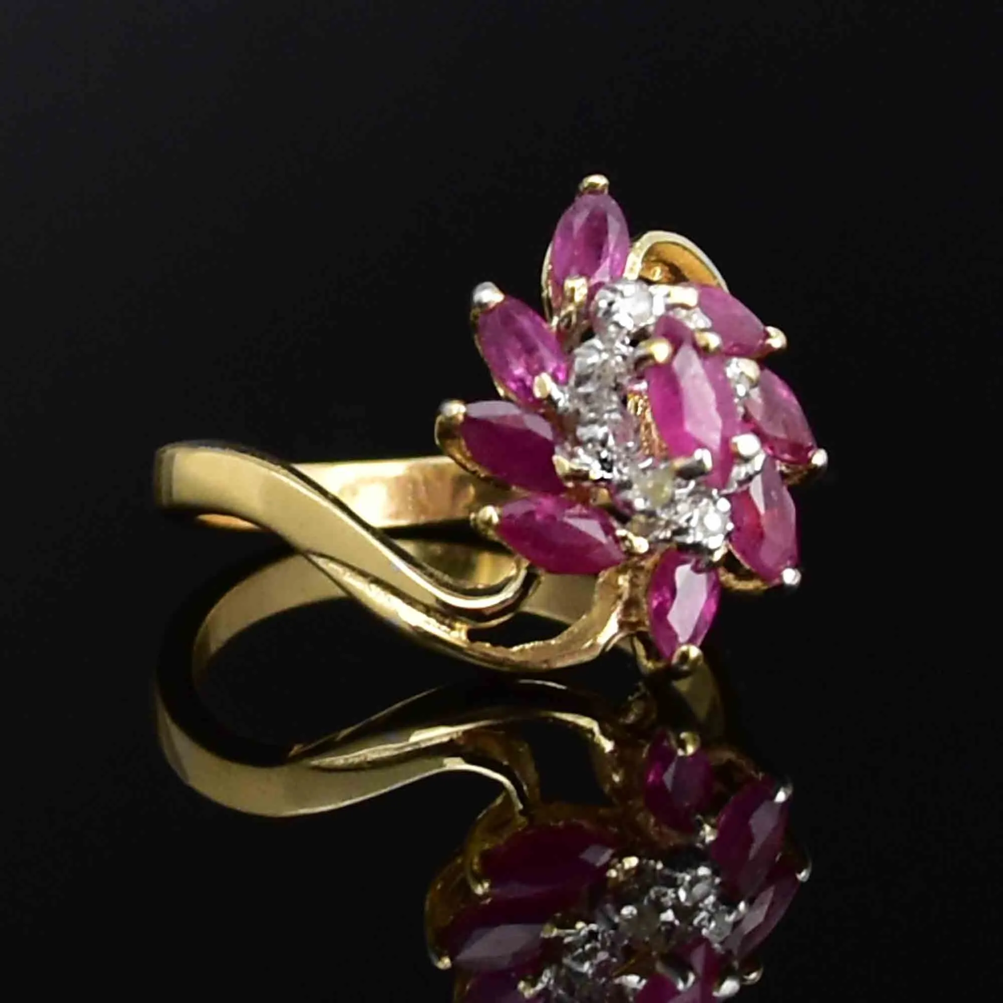 10K Gold Marquise Cut Ruby Diamond Pinwheel Statement Ring