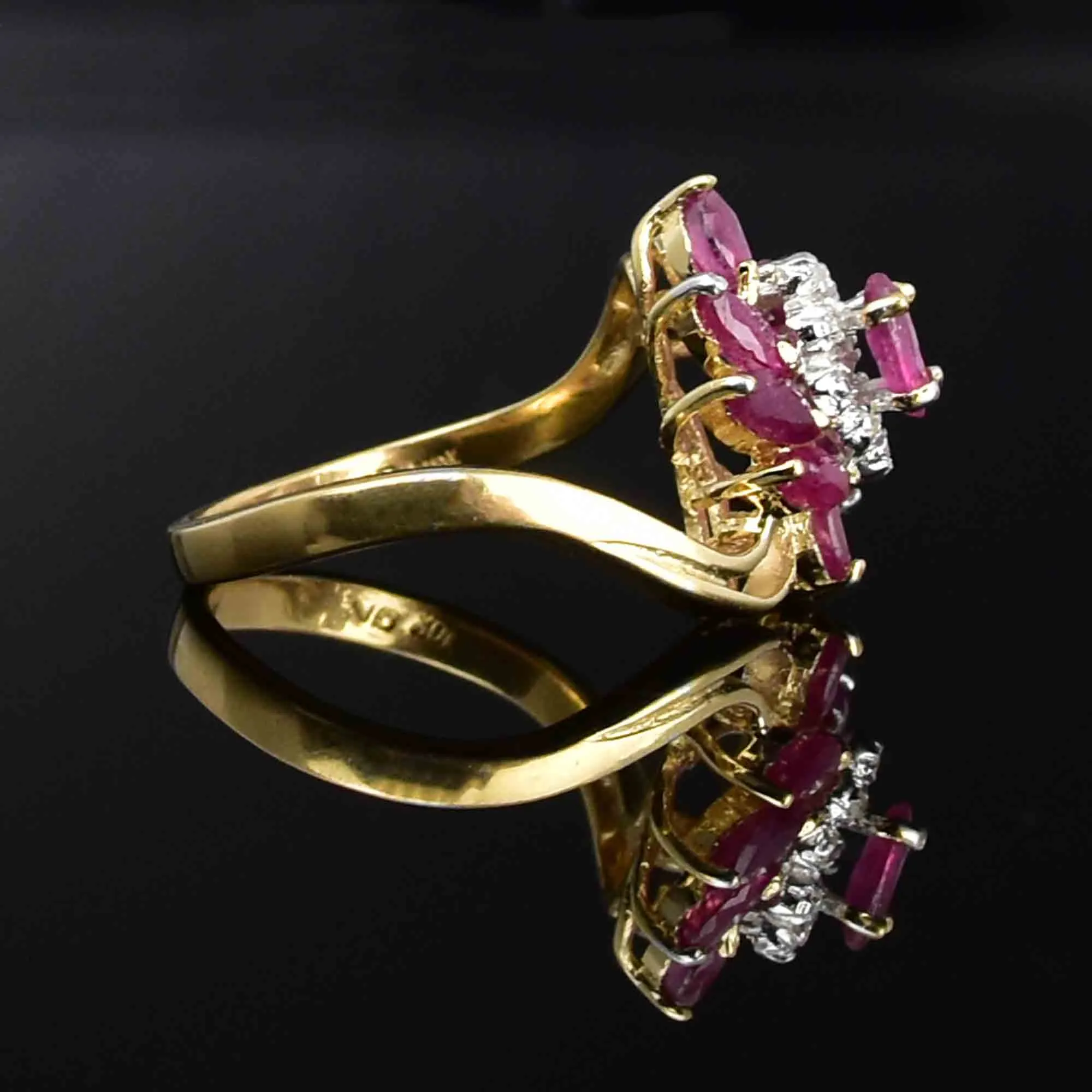 10K Gold Marquise Cut Ruby Diamond Pinwheel Statement Ring