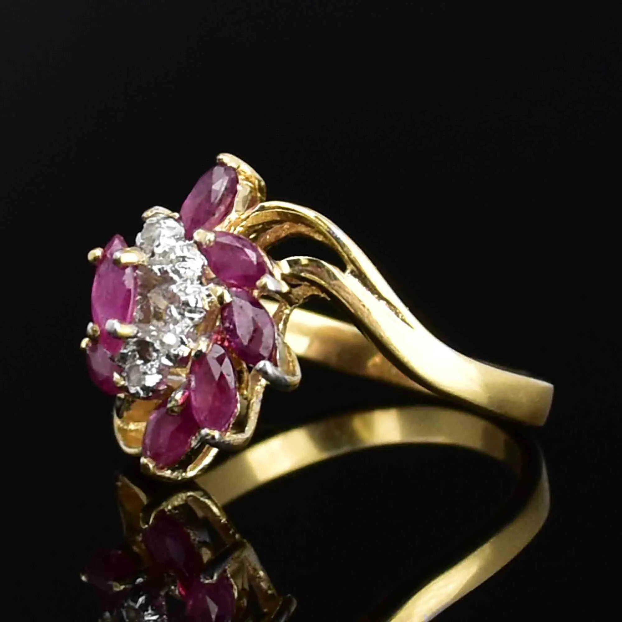 10K Gold Marquise Cut Ruby Diamond Pinwheel Statement Ring