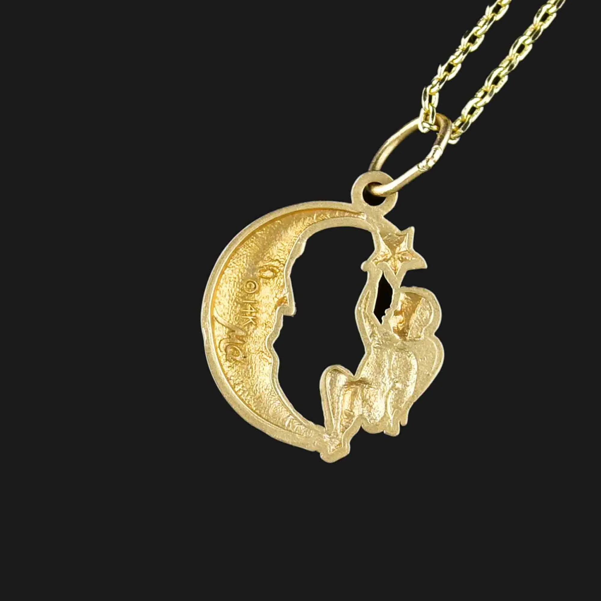 14K Gold Man in the Moon Cherub Pendant Necklace