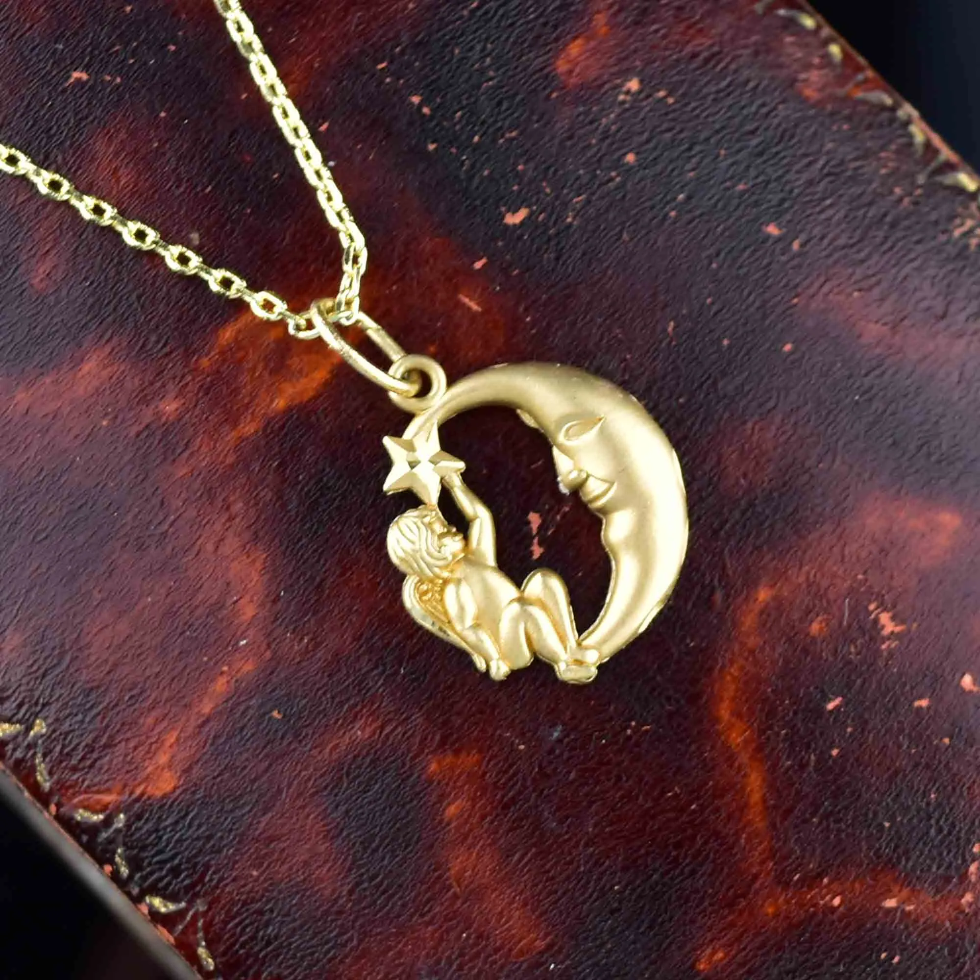 14K Gold Man in the Moon Cherub Pendant Necklace