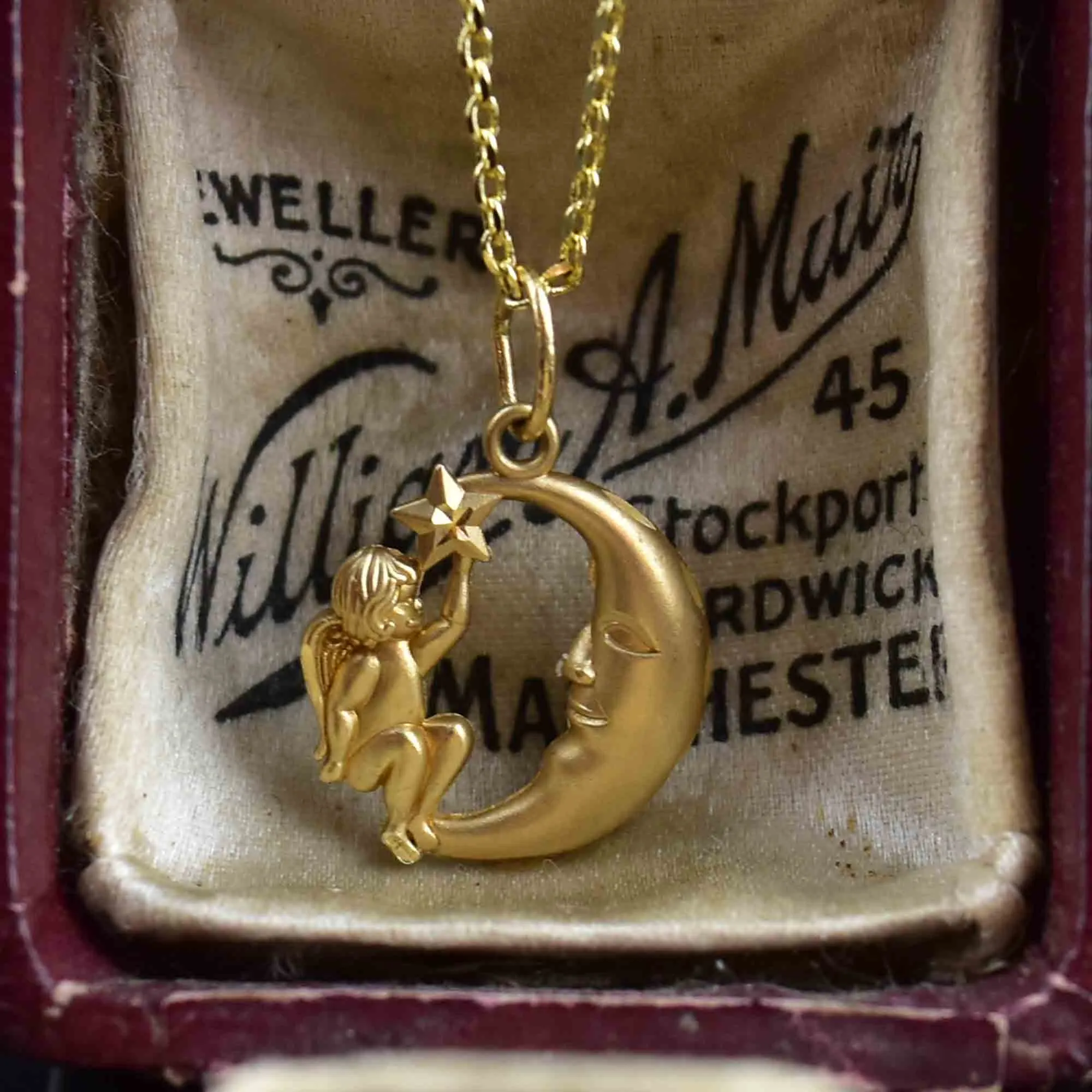 14K Gold Man in the Moon Cherub Pendant Necklace