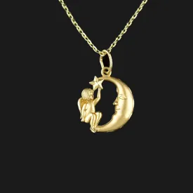 14K Gold Man in the Moon Cherub Pendant Necklace