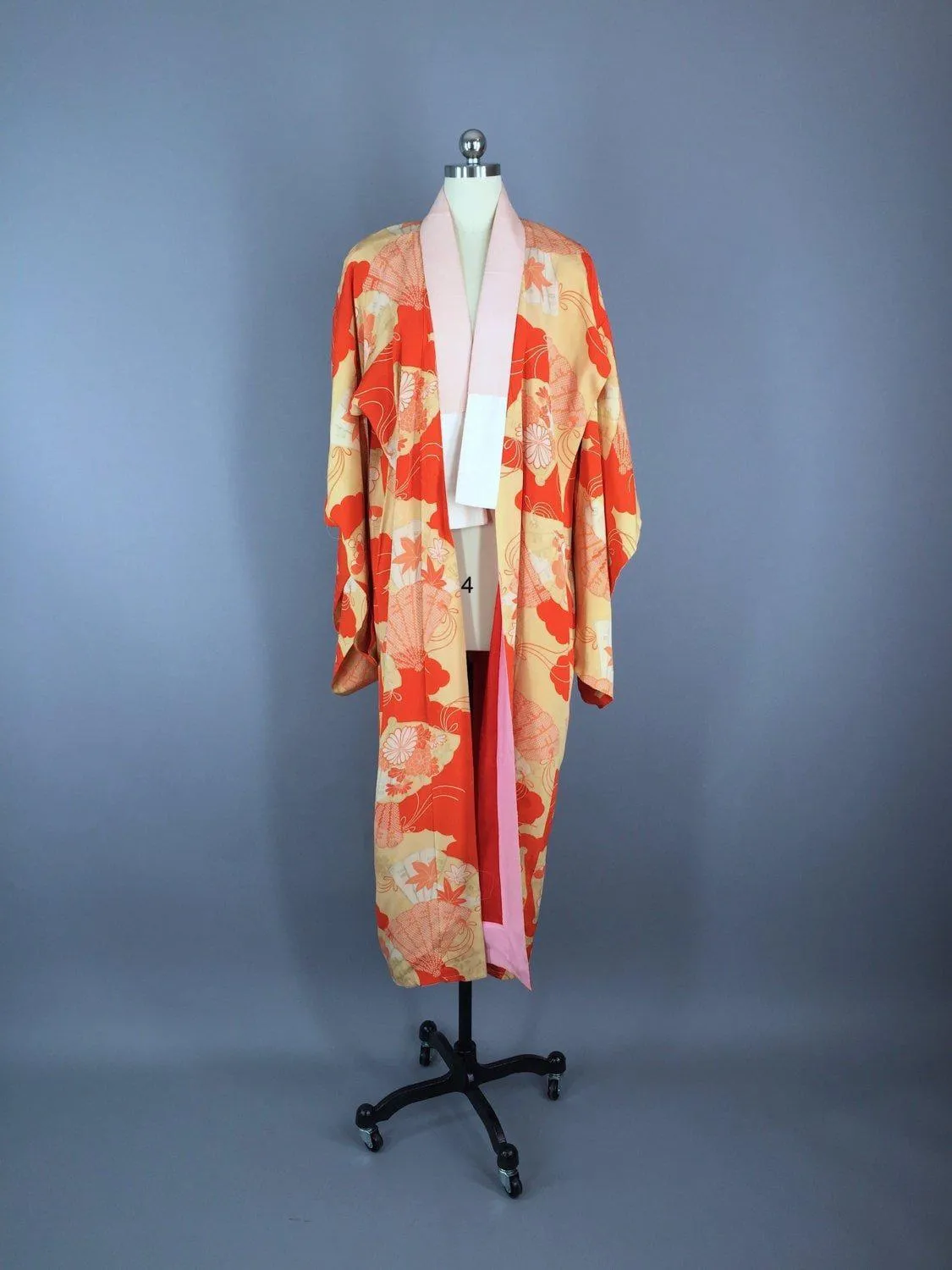 1920s Vintage Silk Kimono Juban / Red Orange Fan Print