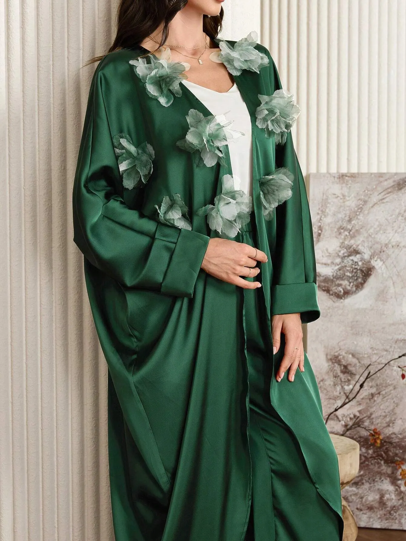 2pcs Women Elegant Floral Decoration Batwing Sleeve Long Jacket And Pants Suit, Elegant 2 Piece Outfits Co-Ords, For Evening Party/Wedding Guest/Anniversary