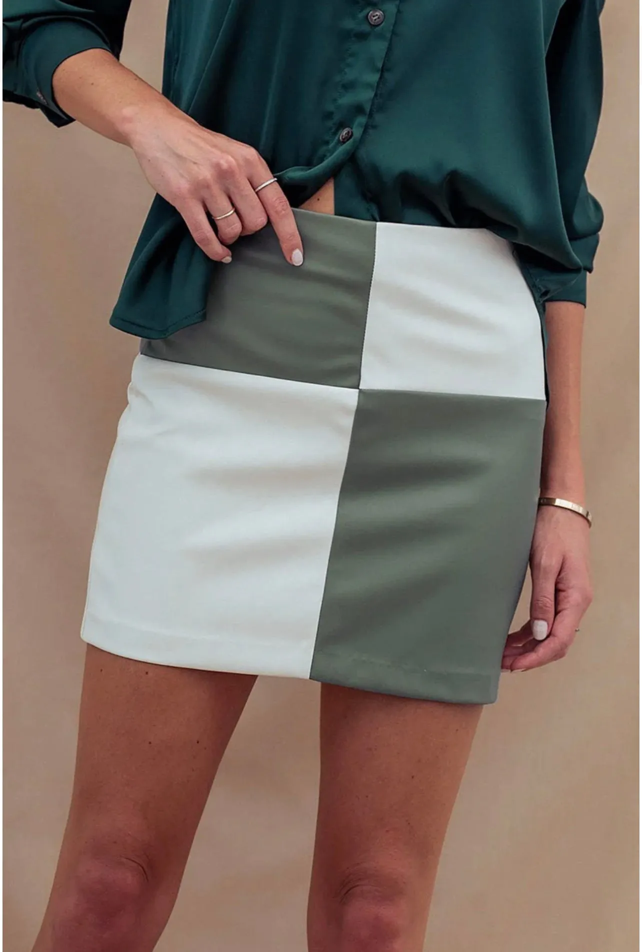 Across The Board Colorblock Leather Mini Skirt in Olive