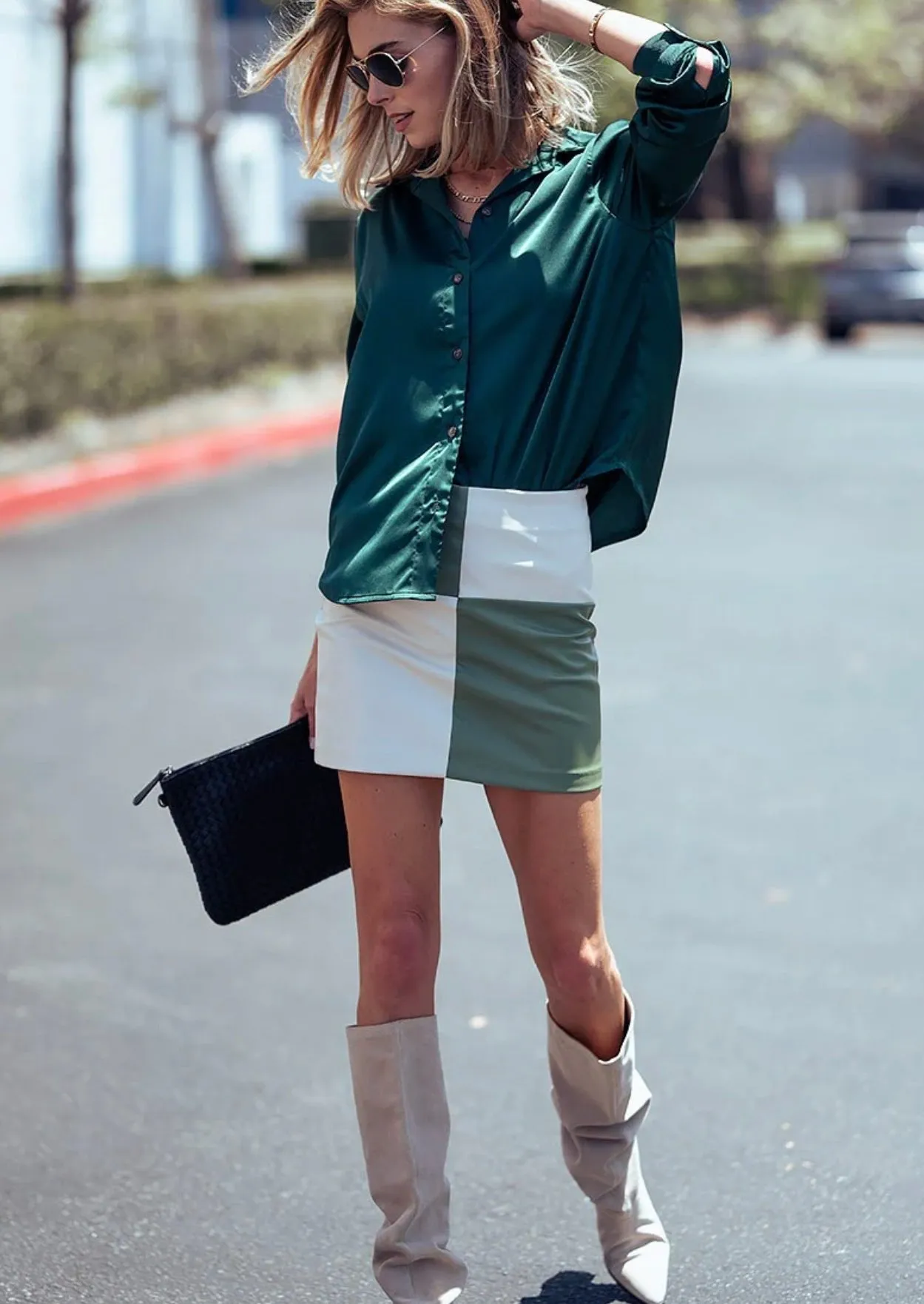 Across The Board Colorblock Leather Mini Skirt in Olive