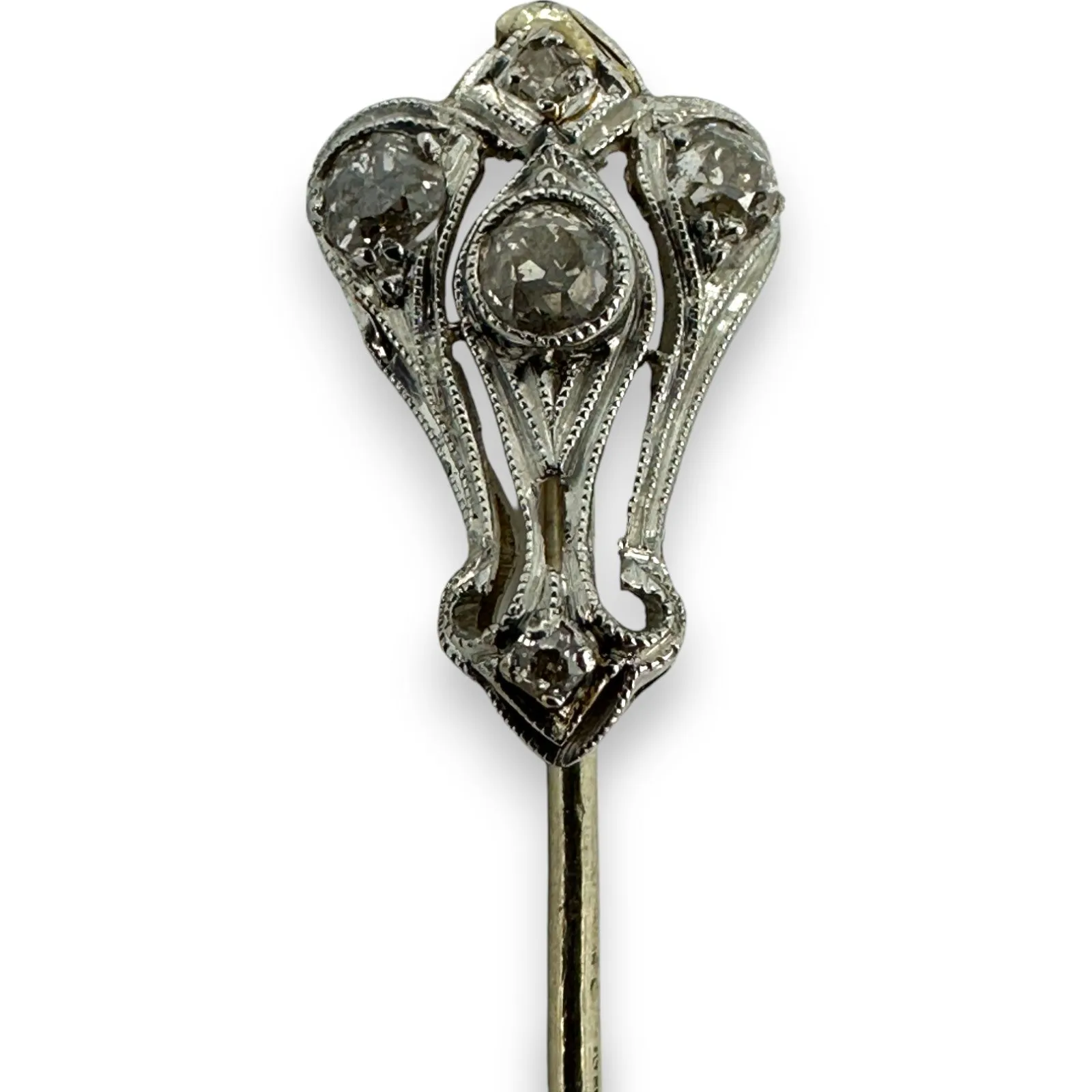 Antique Art Deco Stick Lapel Pin With Old Mine Cut Diamonds Handmade Solid Platinum