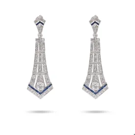 Art Deco Inspired Diamond Sapphire Platinum Dangle Earrings