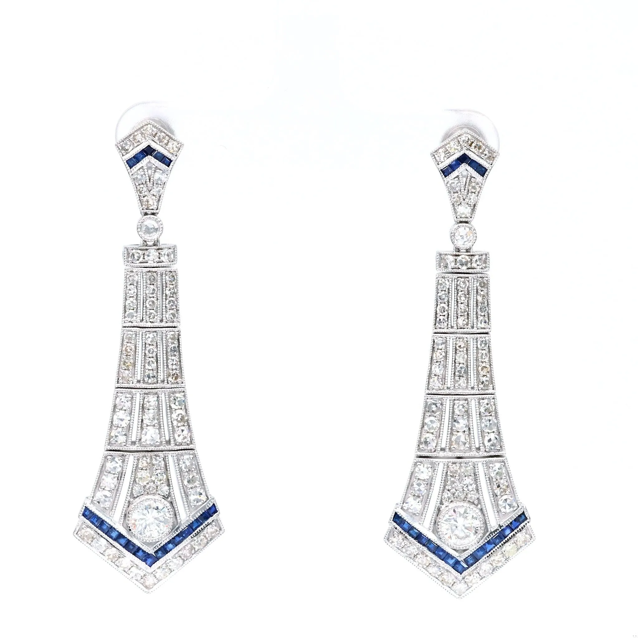 Art Deco Inspired Diamond Sapphire Platinum Dangle Earrings