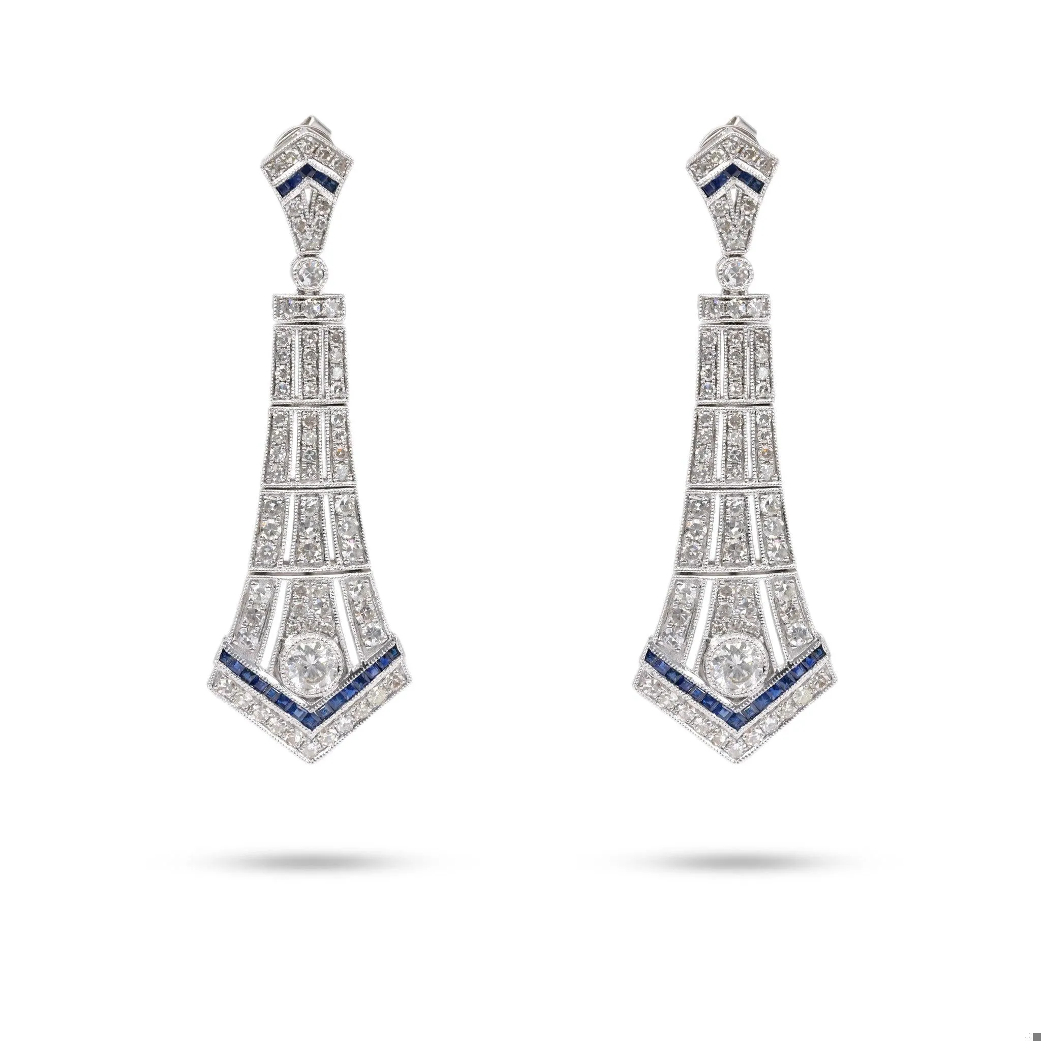 Art Deco Inspired Diamond Sapphire Platinum Dangle Earrings