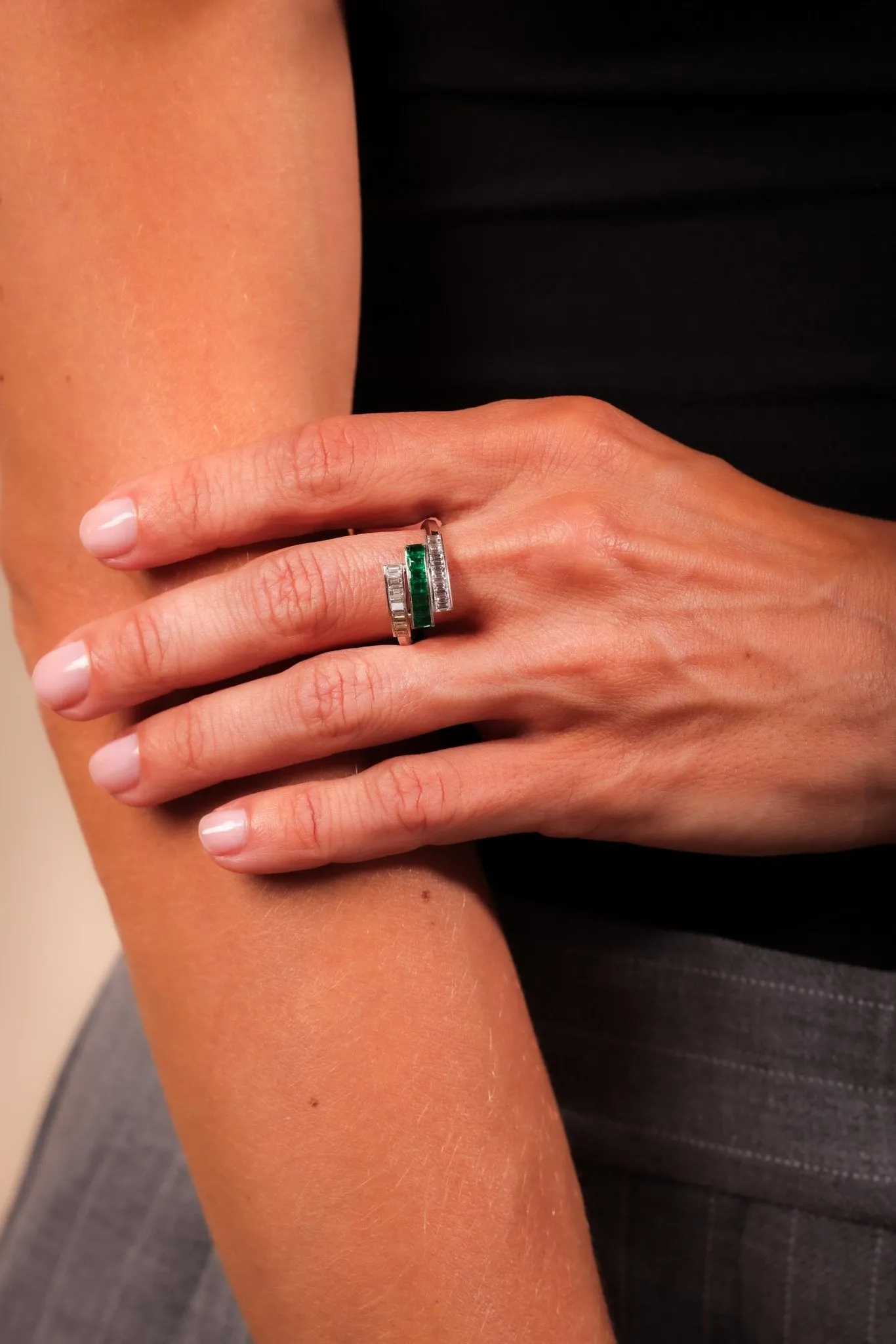 Art Deco Style Emerald Diamond Platinum Bypass Ring