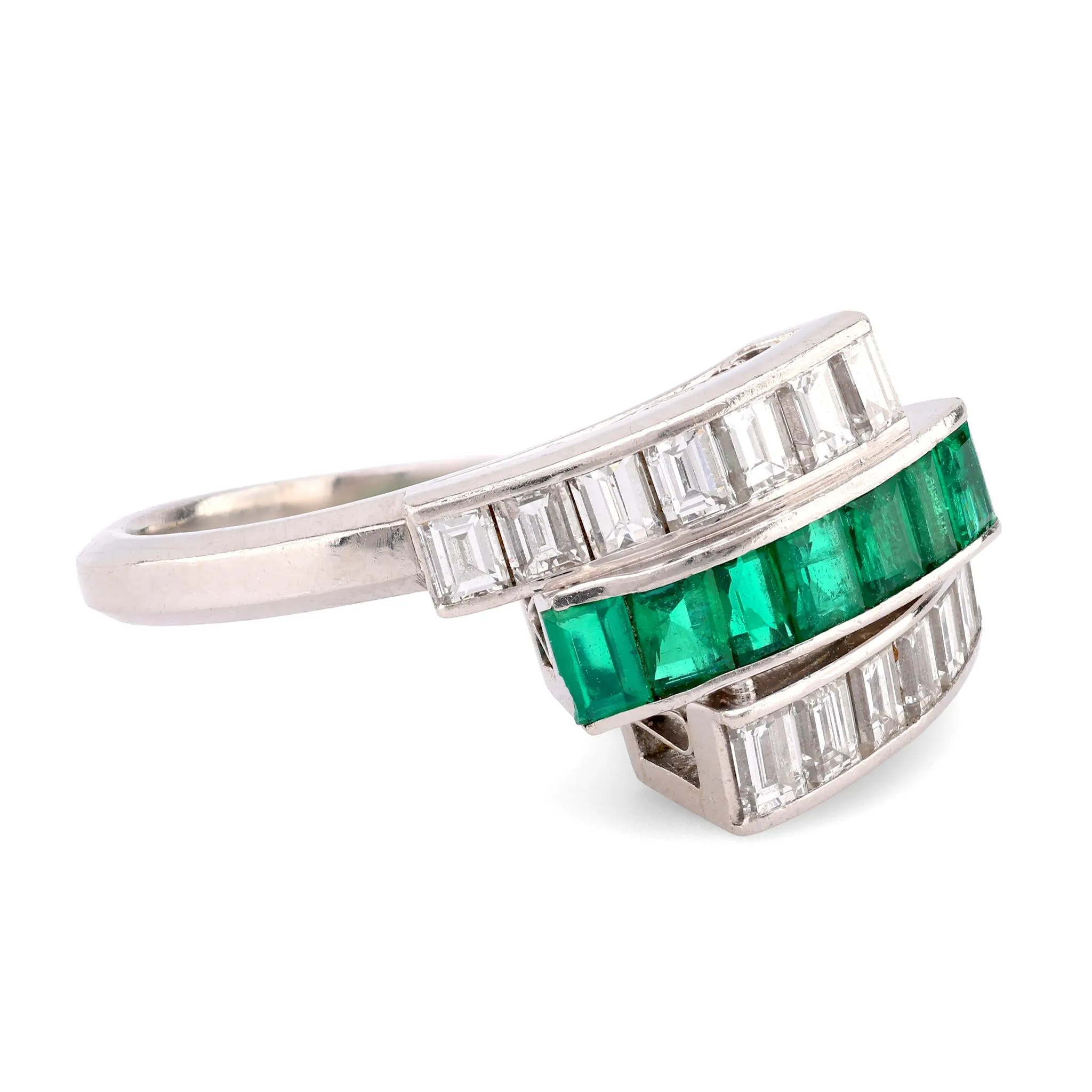 Art Deco Style Emerald Diamond Platinum Bypass Ring