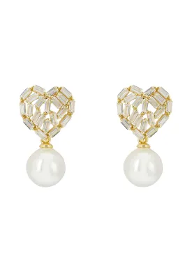 Baguette Heart Classic Pearl Drop Earrings Gold