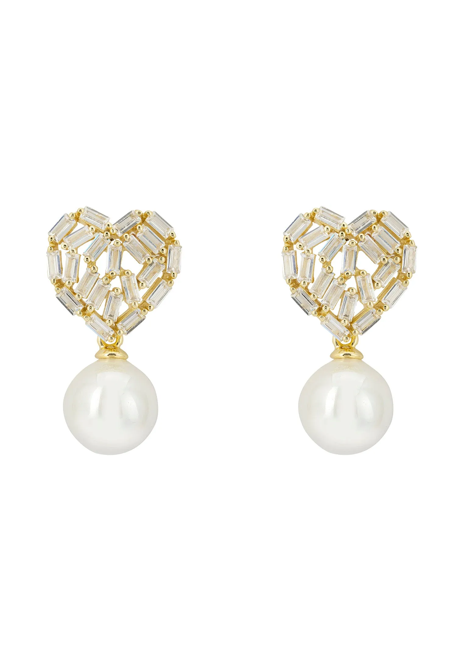 Baguette Heart Classic Pearl Drop Earrings Gold