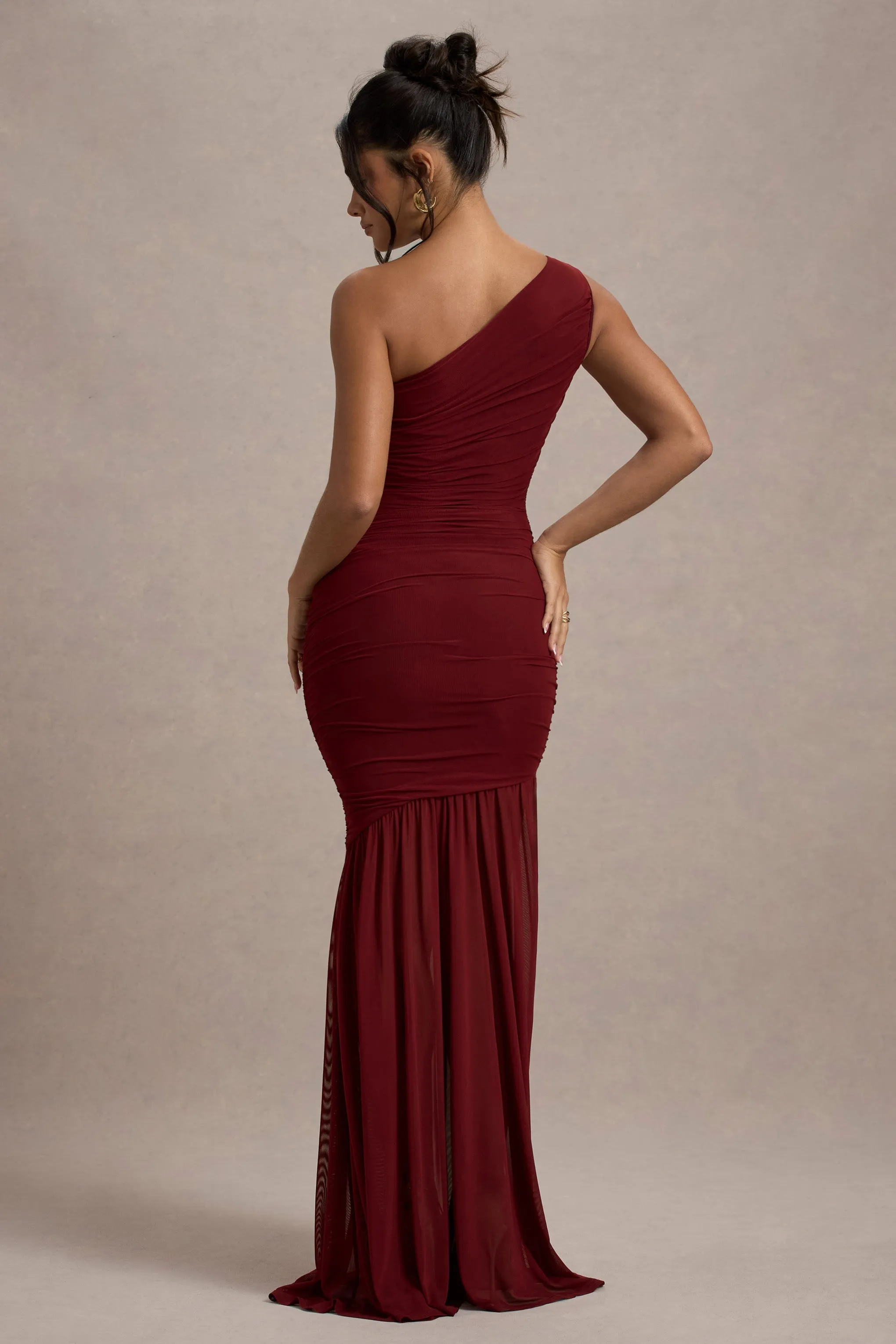 Bastia | Burgundy Ruched Mesh Asymmetric Maxi Dress