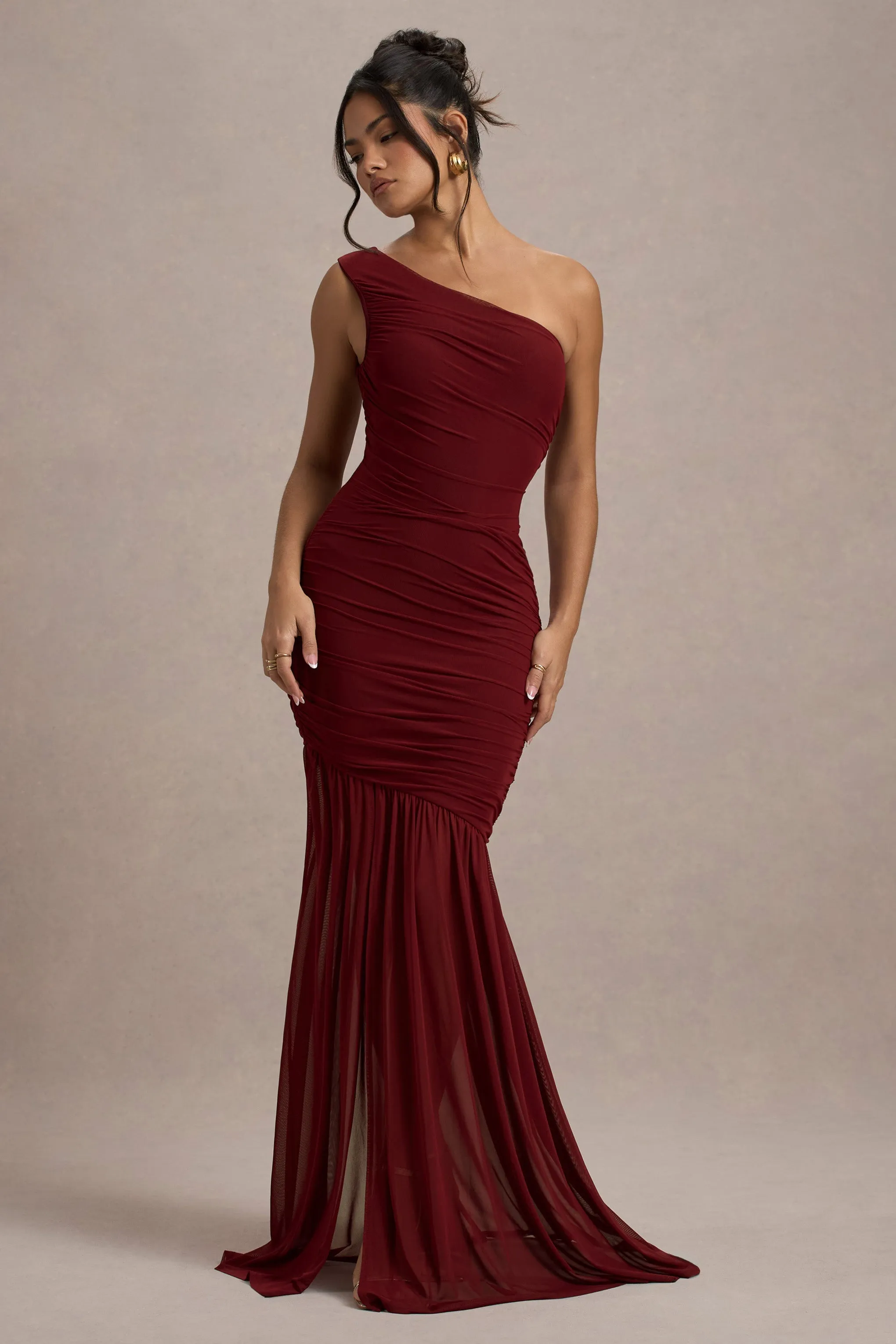 Bastia | Burgundy Ruched Mesh Asymmetric Maxi Dress