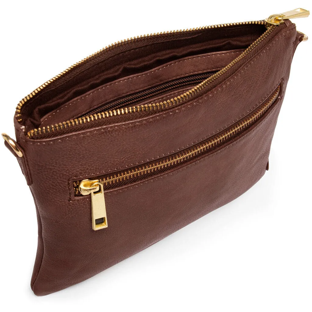 Beautiful leather clutch with golden zippers / 12152 - Brandy