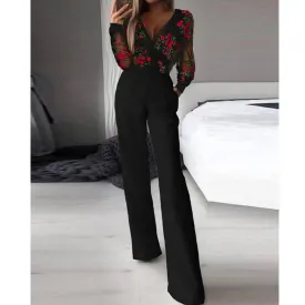 Black Floral Print Mesh Long Sleeve V-Neck Jumpsuit