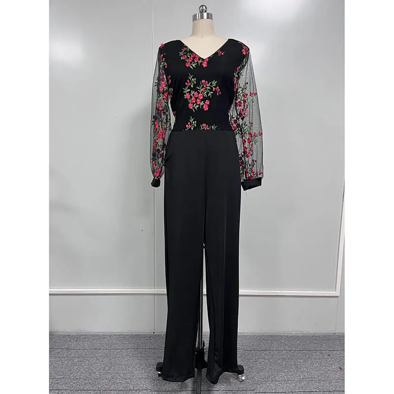 Black Floral Print Mesh Long Sleeve V-Neck Jumpsuit