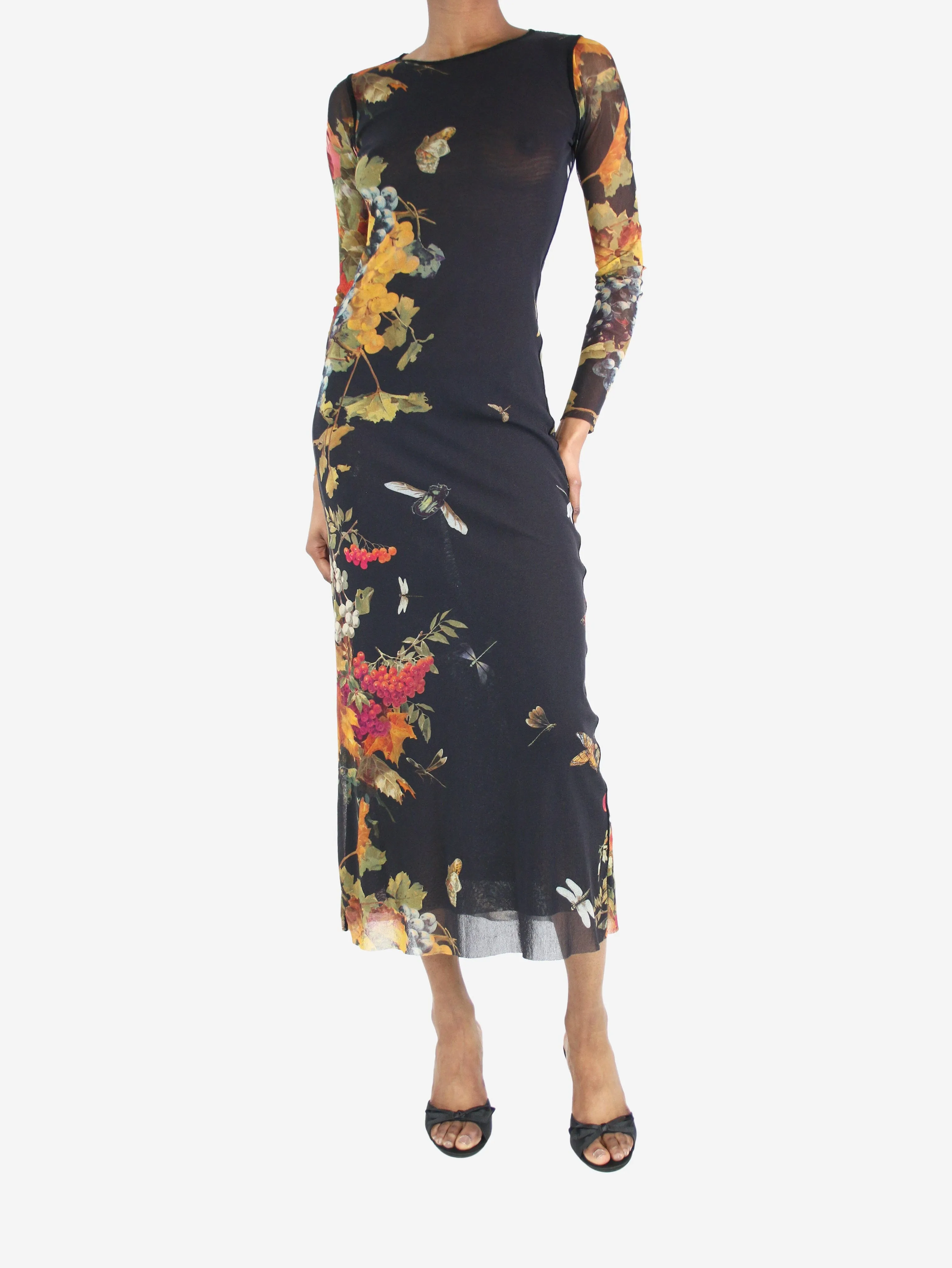 Black floral-printed mesh midi dress - size S