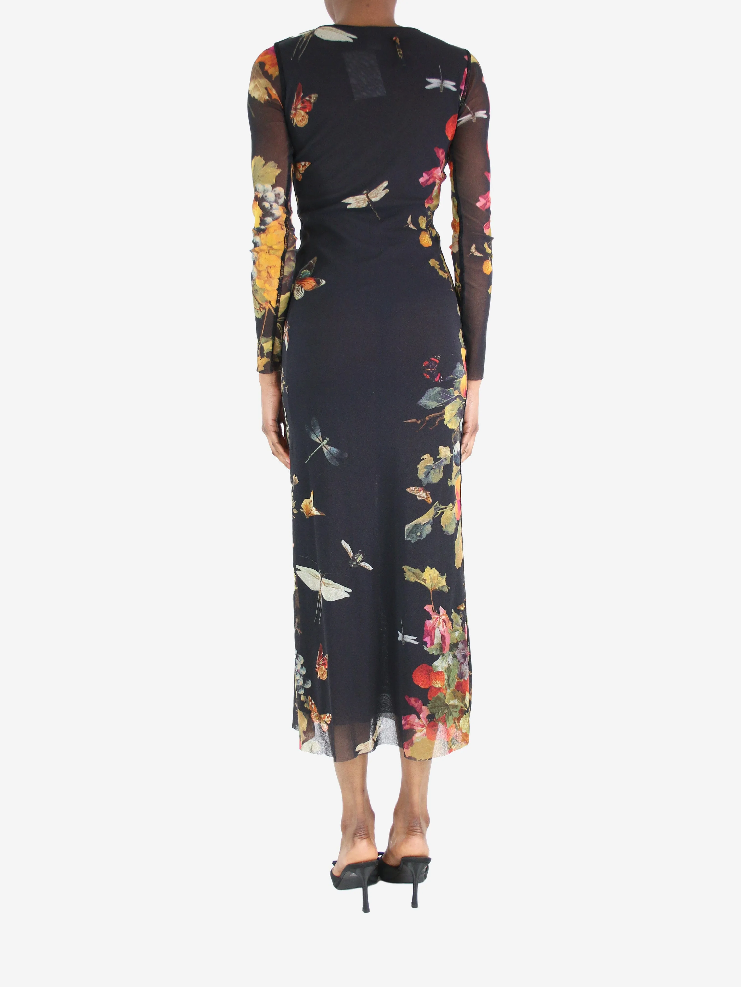 Black floral-printed mesh midi dress - size S