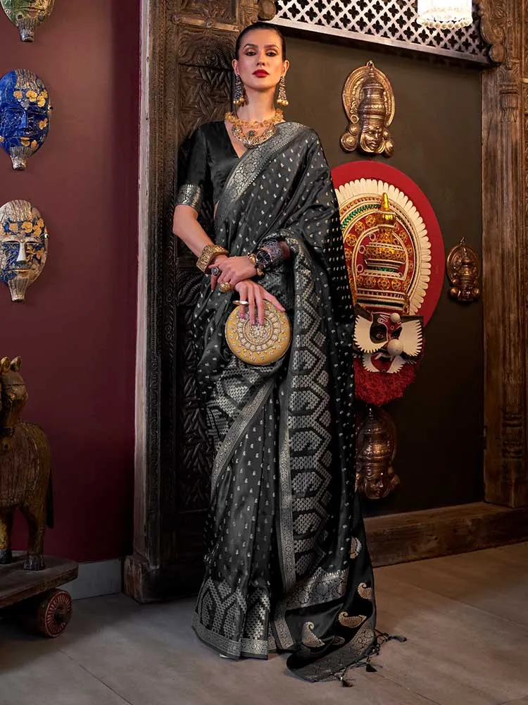 Black Pure Satin Handloom Weaving Saree