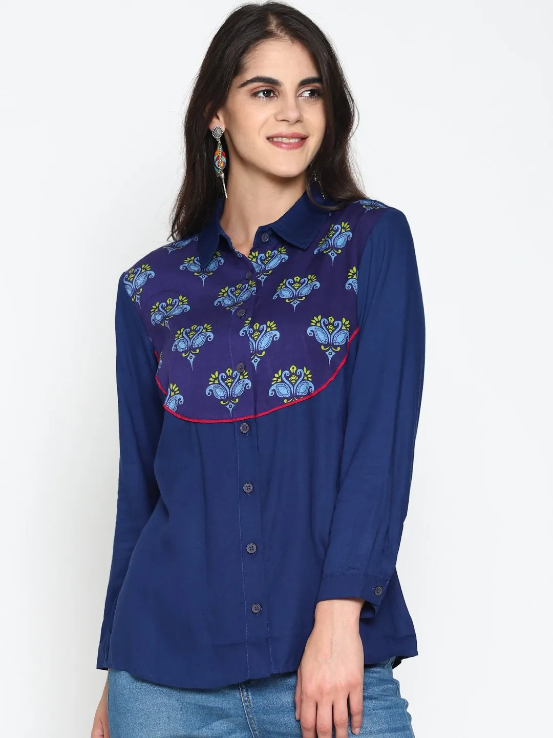 Blue Navy Blue Shirt With Printed Yoke