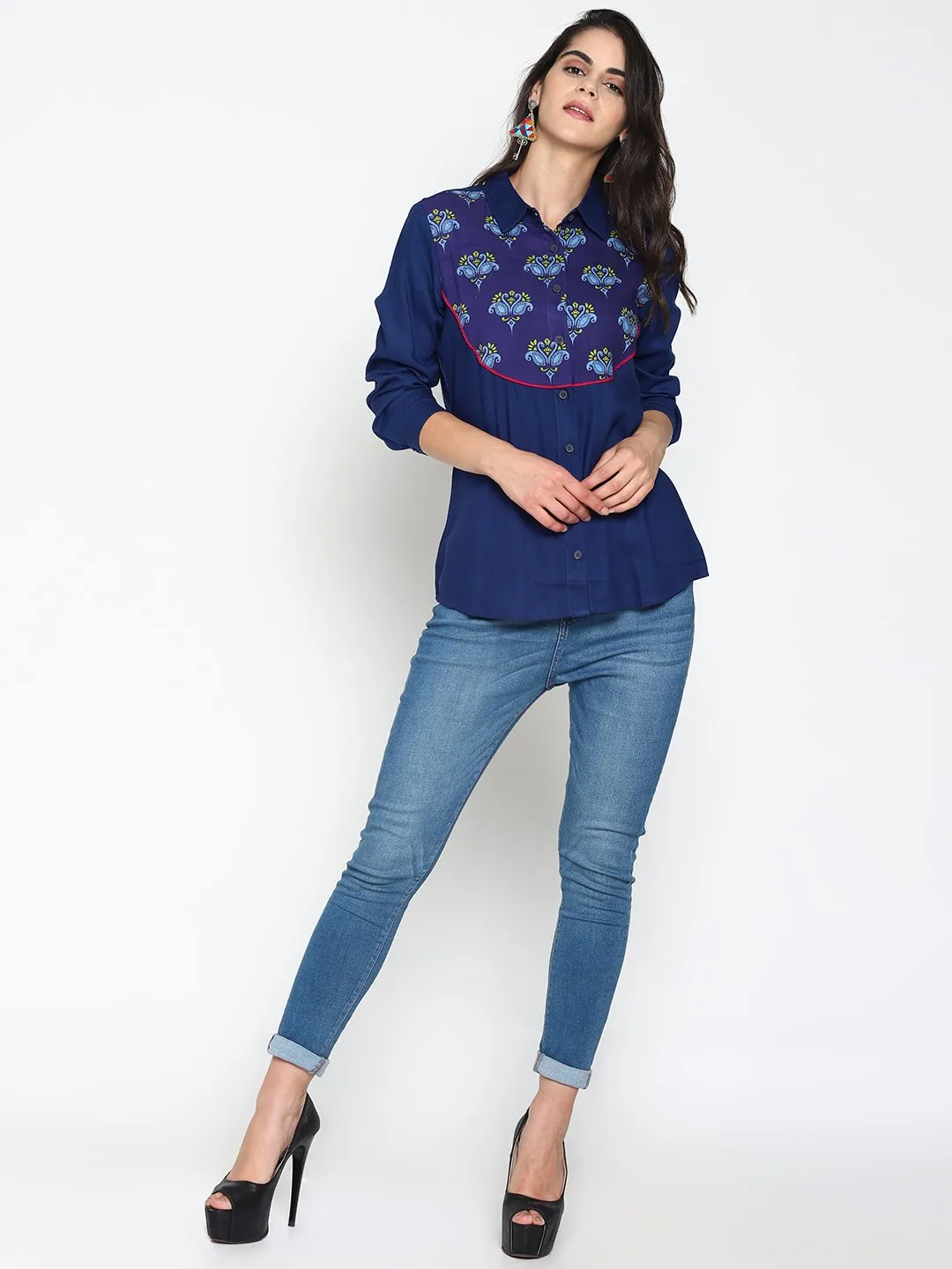 Blue Navy Blue Shirt With Printed Yoke