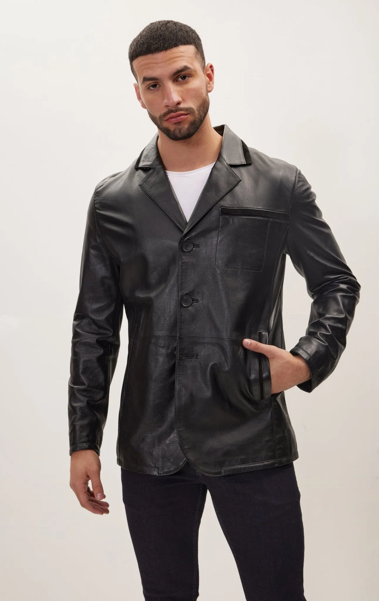 Classic Three Button Leather Blazer With Side Pockets -  Black