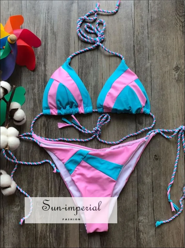 Color Block Hot Pink Camel Navy Bikini Set Women’s Swimming Suit Halter Drawstring Bathing Suit