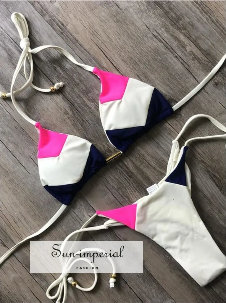 Color Block Hot Pink Camel Navy Bikini Set Women’s Swimming Suit Halter Drawstring Bathing Suit