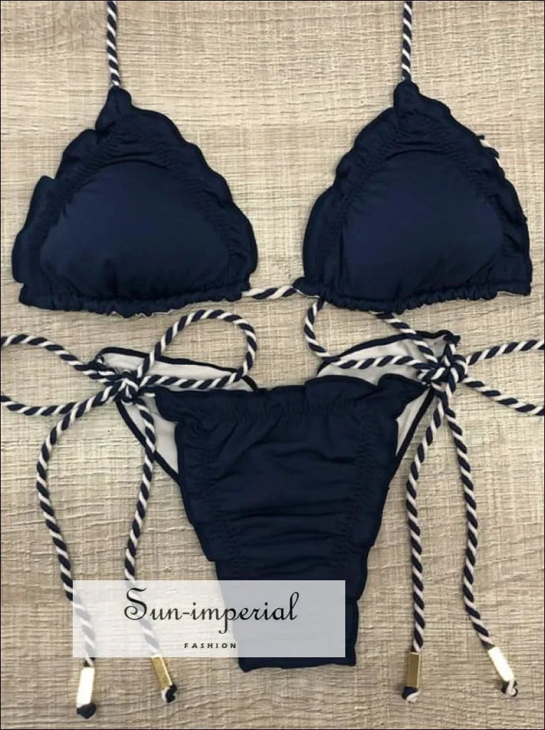 Color Block Hot Pink Camel Navy Bikini Set Women’s Swimming Suit Halter Drawstring Bathing Suit