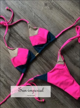 Color Block Hot Pink Camel Navy Bikini Set Women’s Swimming Suit Halter Drawstring Bathing Suit