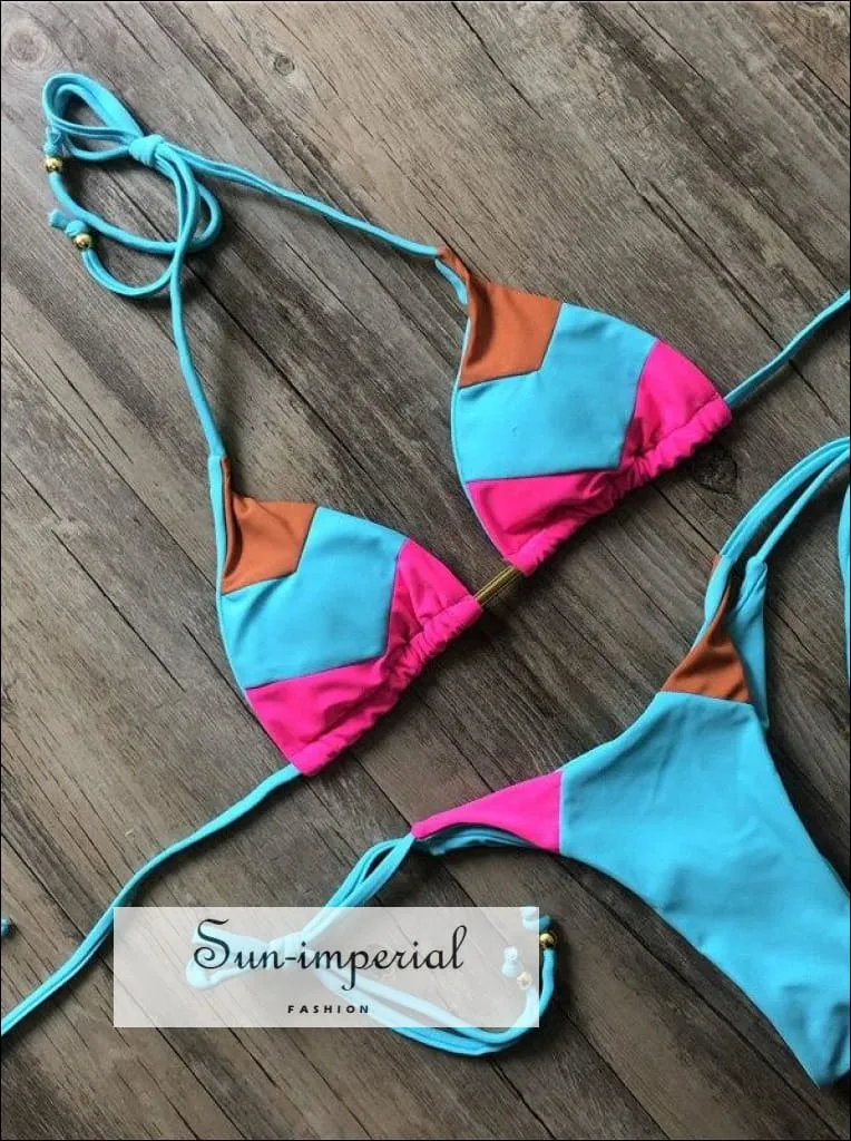 Color Block Hot Pink Camel Navy Bikini Set Women’s Swimming Suit Halter Drawstring Bathing Suit