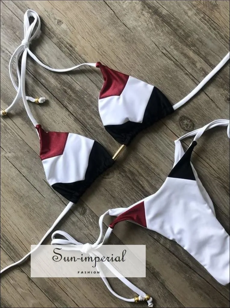 Color Block Padded Triangle Black Red White Bikini Set Women’s Swimming Suit Halter Drawstring Bathing Suit