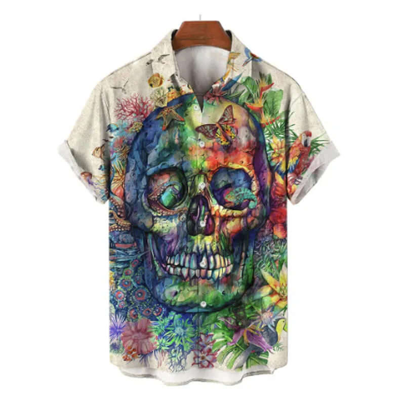 Colorful Skull Head Print Polyester Hawaiian Shirt