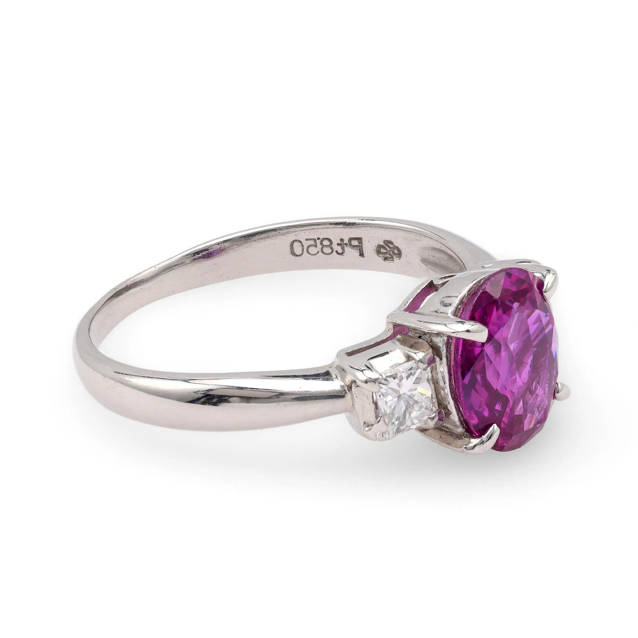 Contemporary 1.86 Carat Oval Pink Sapphire Diamond Platinum Three Stone Ring