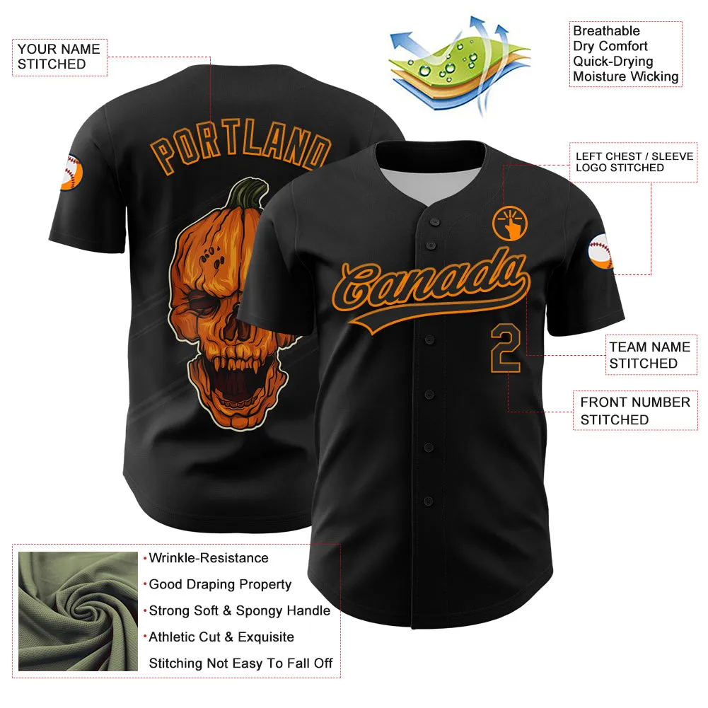 Custom Black Bay Orange 3D Halloween Authentic Baseball Jersey