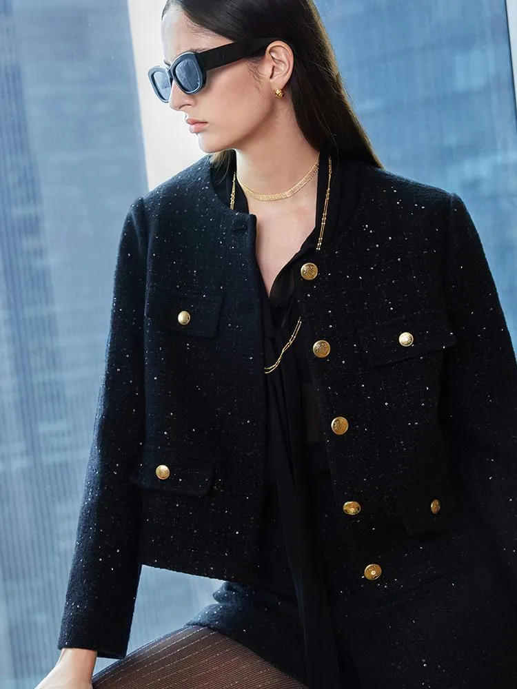 Elegant Black Tweed Cropped Women Jacket