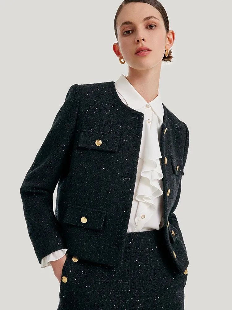 Elegant Black Tweed Cropped Women Jacket