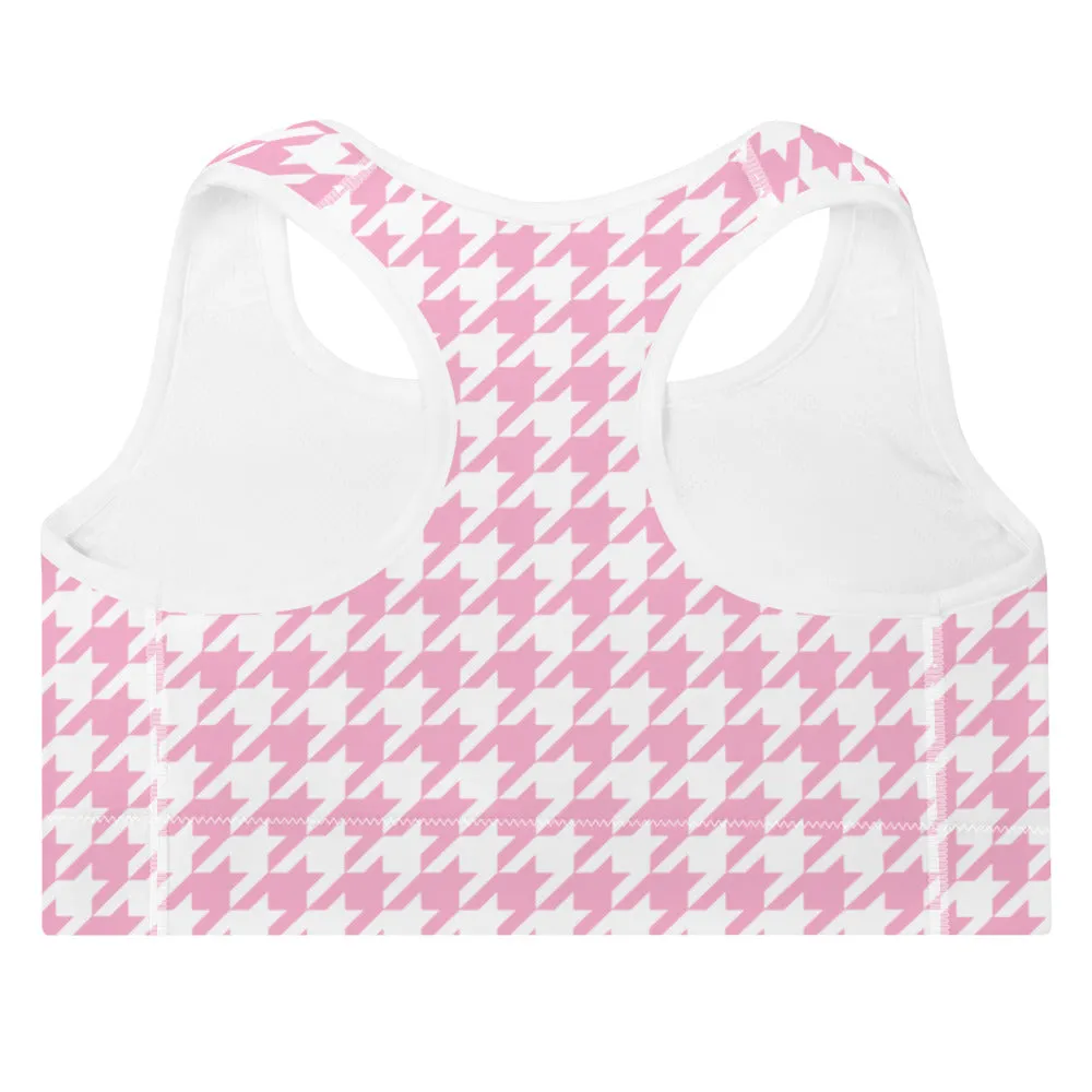 ELEVATED ESSENTIALS,THE PERFECT PADDED SPORTS BRA PINK WHITE HOUNDSTOOTH