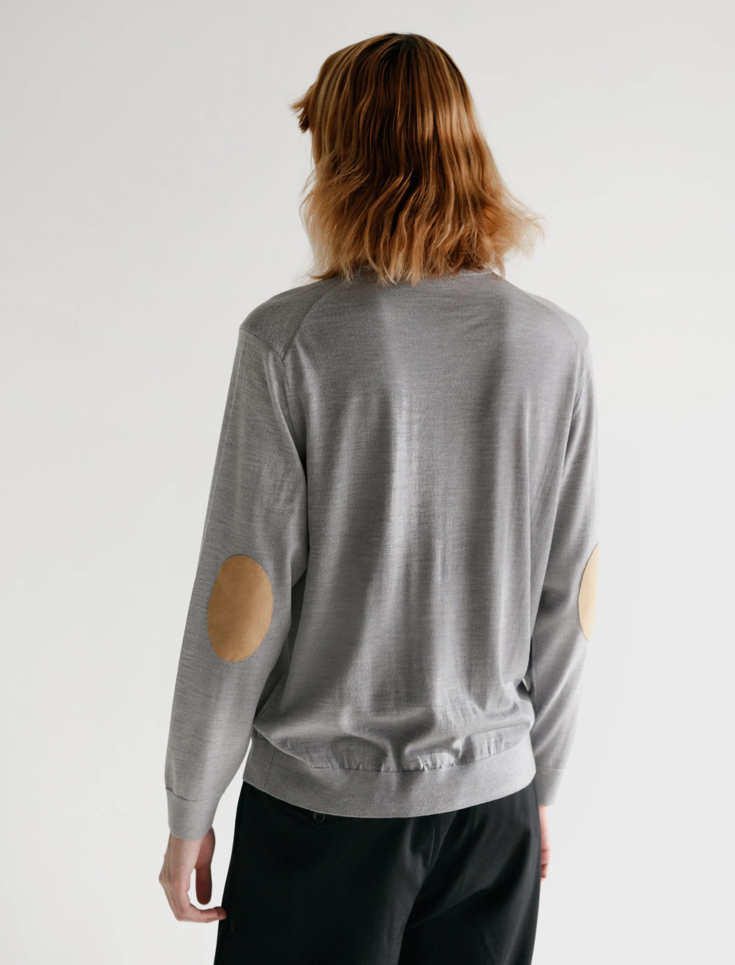 Fine Gauge Wool Elbow Patch Sweater Light Grey