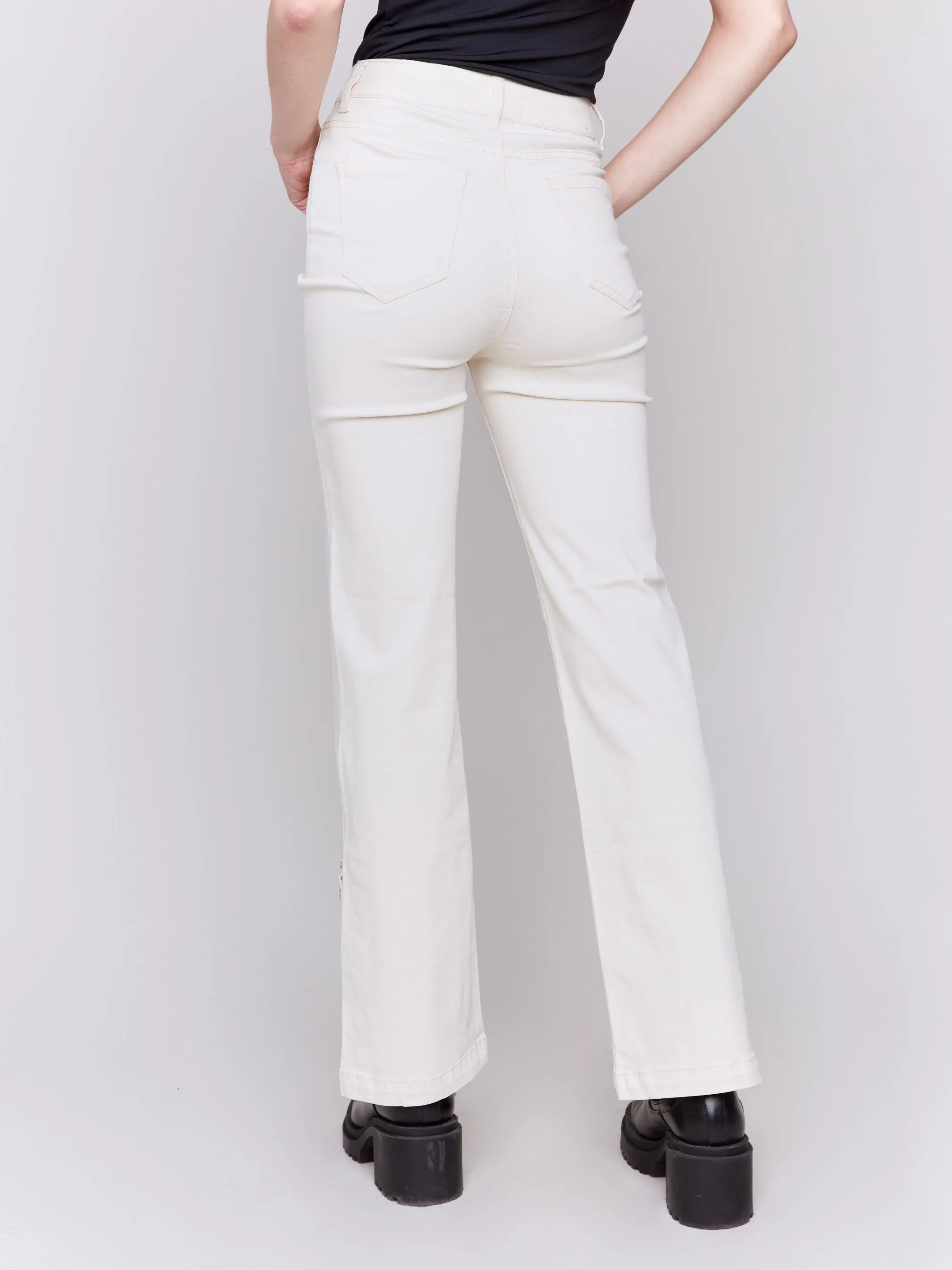 Flare Twill Jeans with Side Buttons - Natural